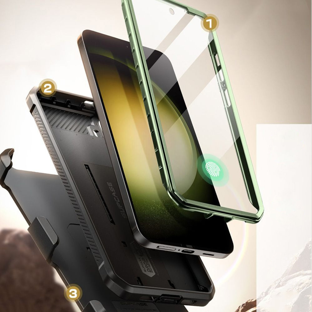 Etui pancerne z osłoną na ekran, z wbudowaną podstawką i kaburą z klipsem obrotowym Supcase Unicorn Beetle Pro do Galaxy S24, zielone